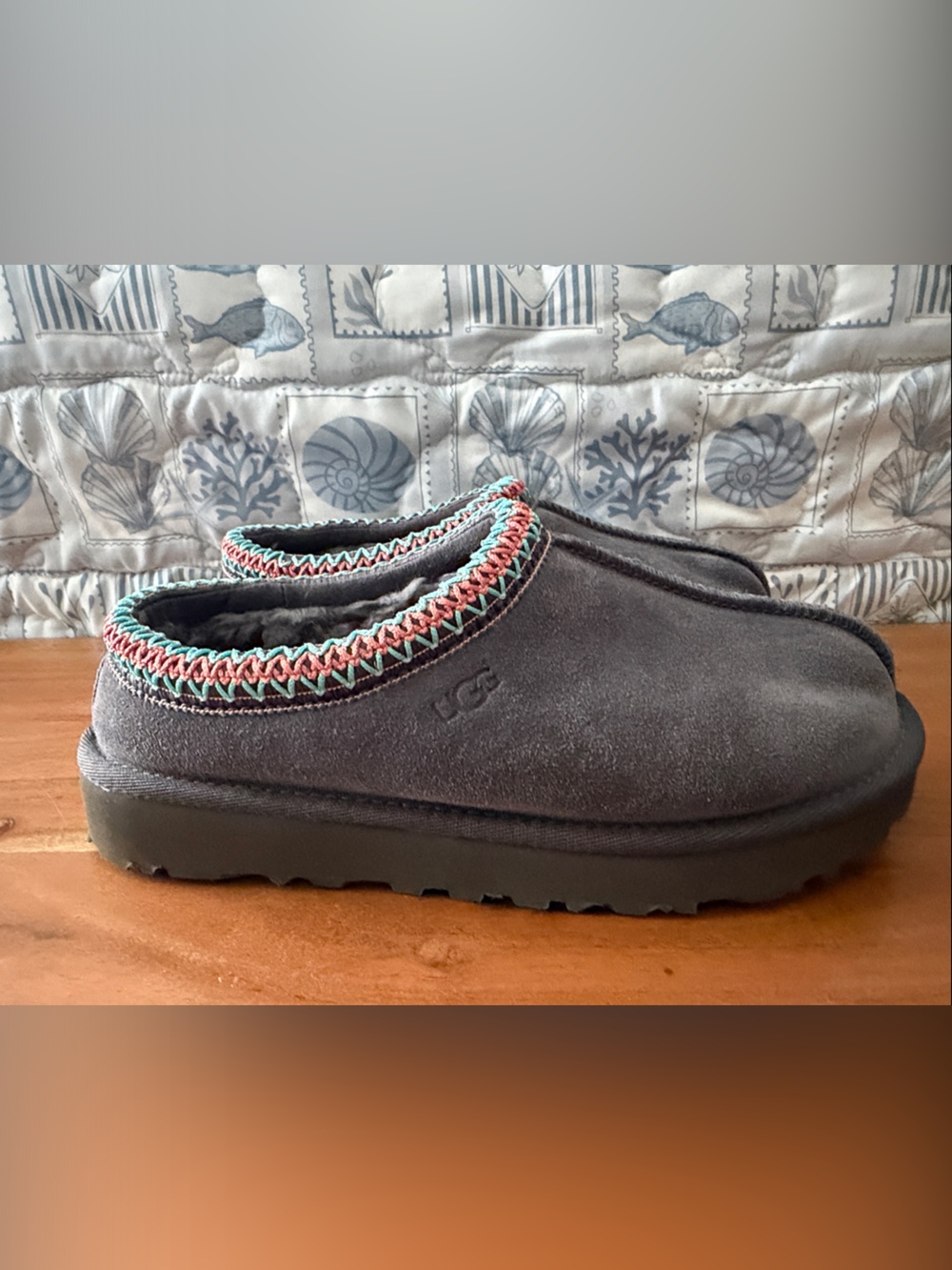 UGG Gray Suede Slip-On Clog with Mint and Coral Trim